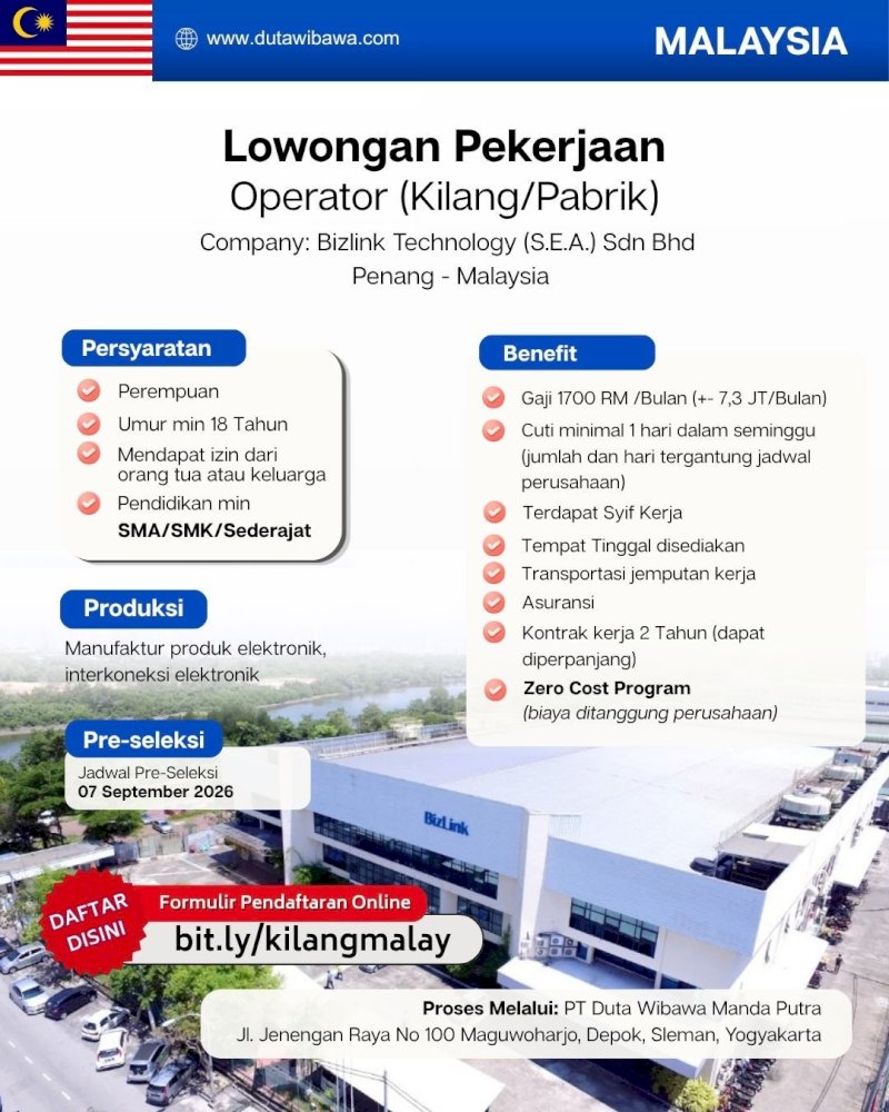Lowongan Kerja Kilang/Pabrik Malaysia (Perempuan)