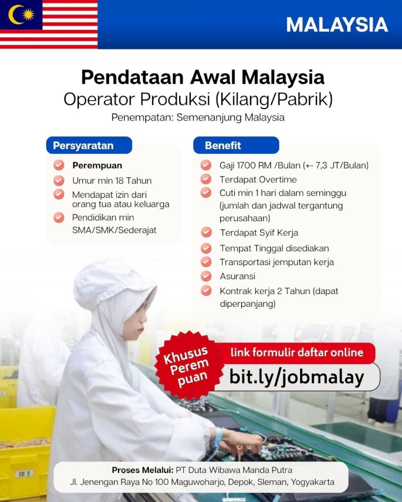 Lowongan Kilang/Pabrik Malaysia (Perempuan)