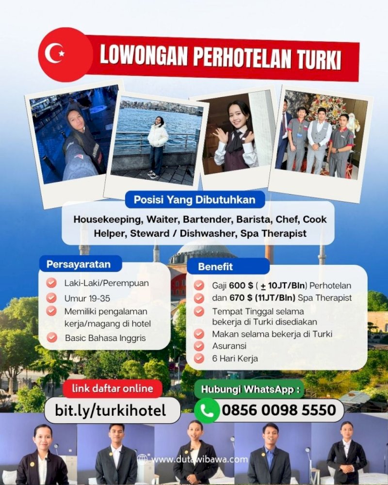 Lowongan Perhotelan Turki (Housekeeping, Waiter, Bartender, Barista, Chef, Cook Helper, Steward/Dishwasher, Spa Therapist)
